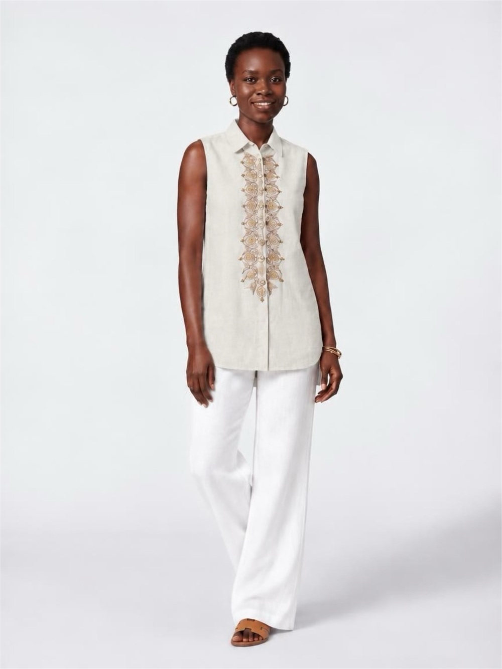 Carole Little Sleeveless Embroidered Tunic Top - Cream with Gold Accents